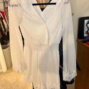 White Swiss Dot Lace Trim Long Sleeve Romper